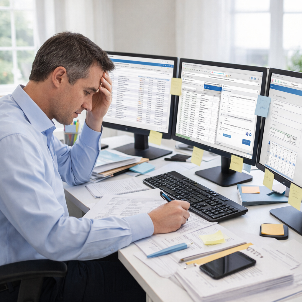 Gestresster Arbeiter im modernen Büro(AutomatisierungProblem)